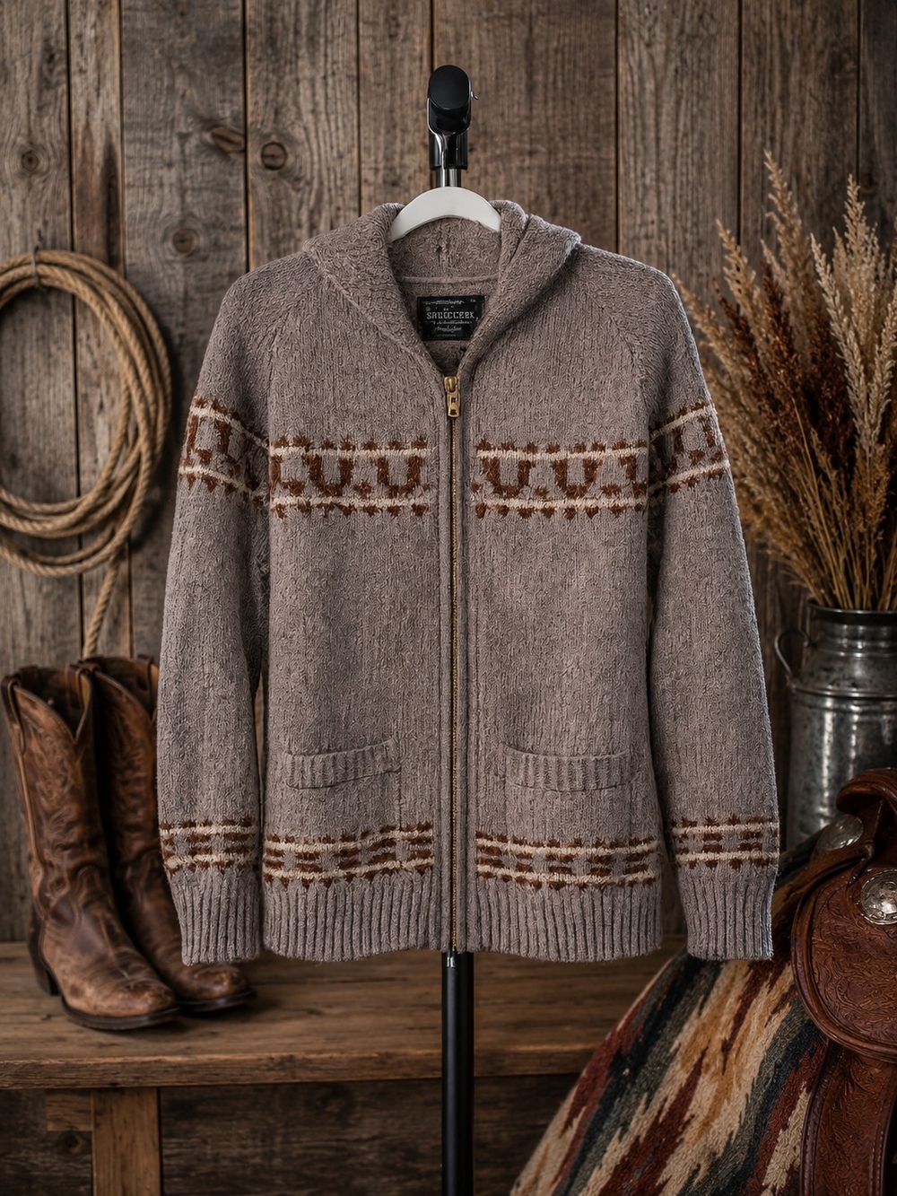 Lost Horizons, Handcrafted 100% Wool Women's Zip Up Western Sweater, XL